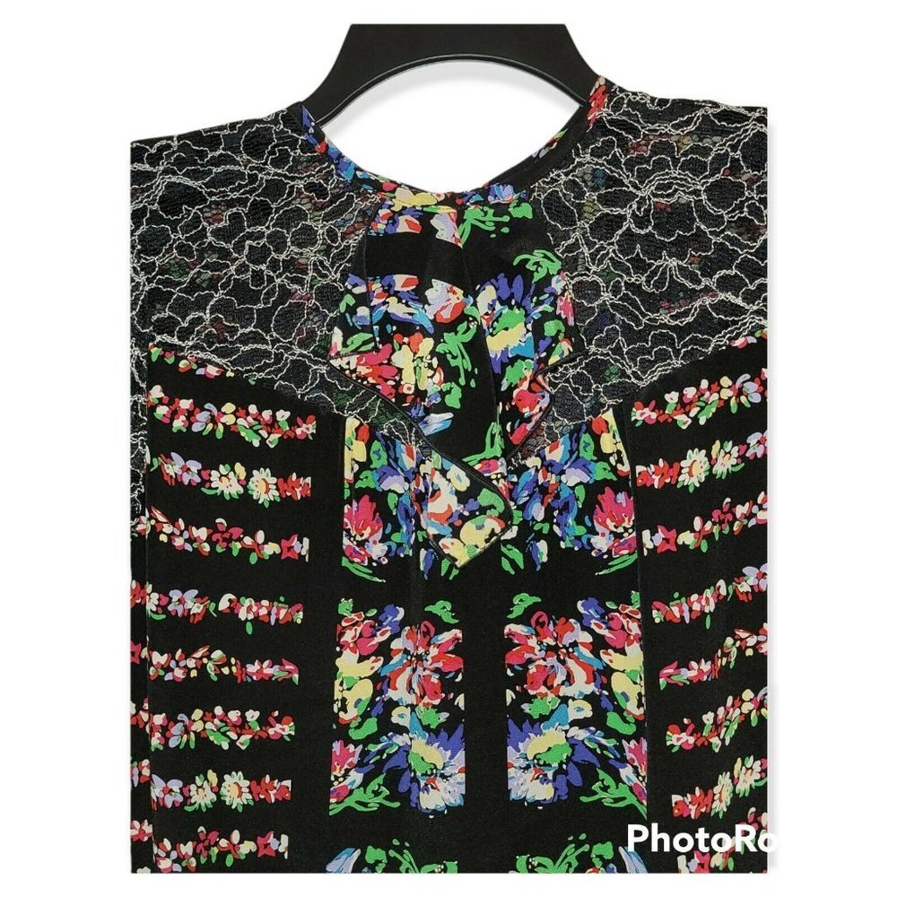 Anna Sui Black Silk and Lace Floral Print Shift Dress Size 6 - Picture 5 of 5